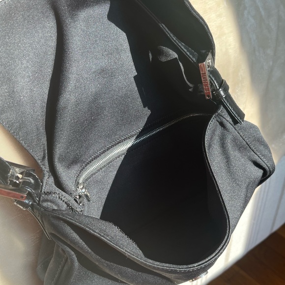 FENDI Black Satin and Leather Hobo Shoulder Bag. Baguette style Purse. - Picture 3 of 9